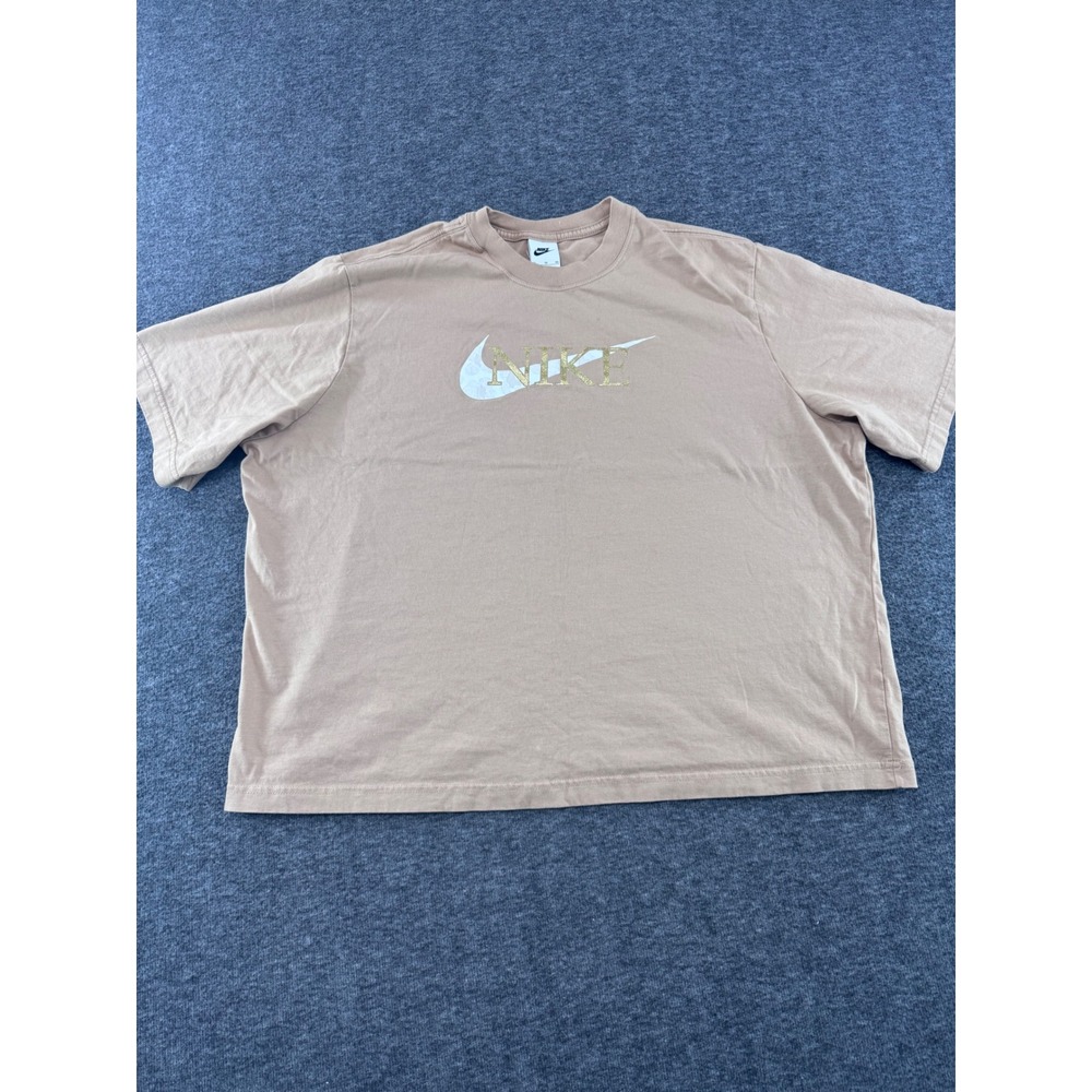 Nike Sportswear Essential Womens Graphic‎ T-Shirt Tan Gold Glitter XL